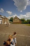 Kopgevel met muurschildering en zicht op de omgeving - Culemborg - 20330505 - RCE -  Muurschilderingen: Overzicht van de rechter zijgevel/ kopgevel met muurschildering en zicht op de omgeving 