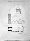 Tekening en plattegrond van eenbeukige romaanse dorpskerk te Ressen - Ressen - 20028683 - RCE -  Hervormde Kerk: Tekening en plattegrond van eenbeukige romaanse dorpskerk te Ressen (opmerking: Fotonummer 6144) 