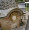 Theekoepel in de steigers, detail daklijst, tijdens restauratie