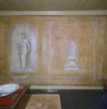 Interieur bovenverdieping, aanzicht geschilderd linnen behangsel, wandbespanning