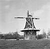 Stellingmolen, stuk van binnenroede gebroken, van achteren gefotografeerd; op de achtergrond links een andere stellingmolen - Oldehove - 20172490 - RCE -  Aeolus/ De Leeuw: Stellingmolen, stuk van binnenroede gebroken, van achteren gefotografeerd; op de achtergrond links een andere stellingmolen 