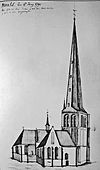 Oude Toren Eindhoven 1791 -  A 1791 drawing of the Oude Toren (Old Tower) (then still the St. Petrus church) in the Dutch city Eindhoven, with the original high steeple.  Een prent uit 1791 van de St. Petruskerk in Eindhoven, waarvan nu alleen nog de toren resteert. Op de prent is de toren nog afgebeeld met de oorspronkelijke hoge spits, die tijdens een orkaan in 1800 van de toren waaide en werd vervangen door een lager examplaar. 