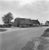 Overzicht van rietgedekteboerderij met aangebouwde rietgedekte schuur, op achtererf gelegen schuur achter prominente boom, weg op de voorgrond