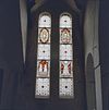 Interieur voormalig koor, glas in loodramen met avondmaalssymboliek - Tilburg - 20330724 - RCE -  Patronaat St. Joseph: Interieur voormalig koor, glas in loodramen met avondmaalssymboliek 