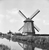 Achkante rietgedekte molen in polderlandschap met het polderhuis op de achtergrond - Alkmaar - 20006882 - RCE -  Geestmolen: Achkante rietgedekte molen in polderlandschap met het polderhuis op de achtergrond 