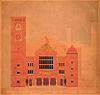 Amsterdam Beurs van Berlage ontwerp 001 -  Nieuwe Beurs op het Damrak te Amsterdam. Zuidgevel. Hendrik Petrus Berlage. Het blad met de geaquarelleerde voorgevel toont het laatste, uitgevoerde ontwerp van de Beurs uit 1899-1900. 