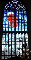 Haarlem Bavokerk grote markt- blauwe raam -  Blue stained glass window in Grote- or Bavokerk, Haarlem. Made by the local glazier Michel van Overbeeke in 2009, he received the local prize 