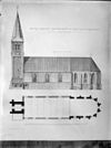 Plattegrond en zuid-gevel, naar tekening Eigen Haard 1885-382 - Hippolytushoef - 20113619 - RCE -  Nederlands Hervormde Kerk: plattegrond en zuid-gevel, naar tekening Eigen Haard 1885-382 