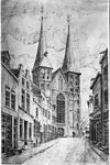 Uitwendig west-gevel naar prent - Deventer - 20054996 - RCE -  Bergkerk: uitwendig west-gevel naar prent 