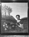 Schilderij - Zwolle - 20230063 - RCE -  Vrouwenhuis: schilderij Portret van een jonge vrouw met vruchtenstilleven in een landschap, vermoedelijk een zelfportret 