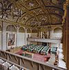 Interieur, overzicht vergaderzaal vanaf tribune met gerestaureerde schouwdoeken - 's-Gravenhage - 20329175 - RCE -  Gebouw Eerste Kamer: Interieur, overzicht vergaderzaal vanaf tribune met gerestaureerde schouwdoeken 