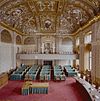 Interieur, overzicht vergaderzaal vanaf tribune met gerestaureerde plafondschilderingen - 's-Gravenhage - 20329174 - RCE -  Gebouw Eerste Kamer: Interieur, overzicht vergaderzaal vanaf tribune met gerestaureerde plafondschilderingen 