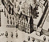 Het Doelhuis in Schoonhoven kaart Blaeu 1649 -  Het Doelhuis met daarvoor het doelenterrein te Schoonhoven, detail kaart van Schoonhoven