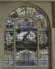 Interieur, trouwzaal, glas-in-loodraam met voorstelling van degeschiedenis van de baggerindustrie